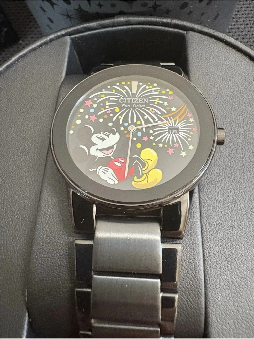 New Citizen Mickey Mouse Fiesta Eco-Drive Black Steel Watch AU1095-57W Box